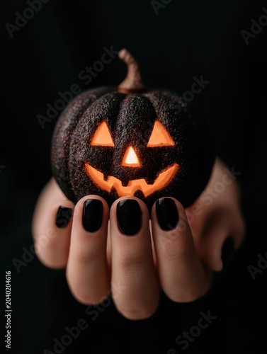 Close-up of a hand with black nail polish holding a small lit miniature Jack-o'-lantern