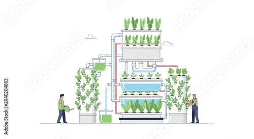 Photos Vertical Farm Hydroponics System with People Watering Plants