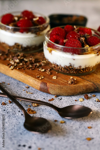 healthy dessert with yogurt and raspberries
