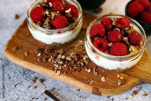 healthy dessert with yogurt and raspberries