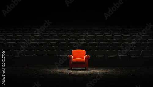 A single bright orange armchair bathed in light on a dark stage