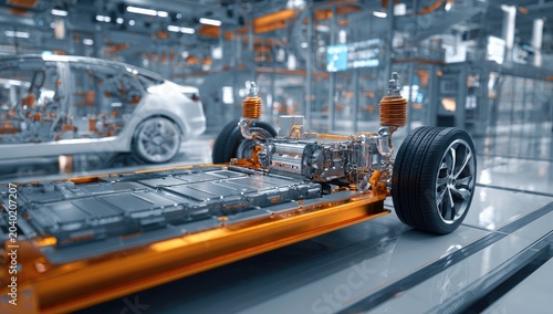 Electric vehicle chassis with visible battery pack on assembly line