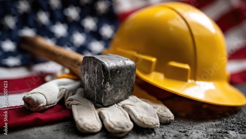 Yellow hard hat, hammer, gloves rest on flag