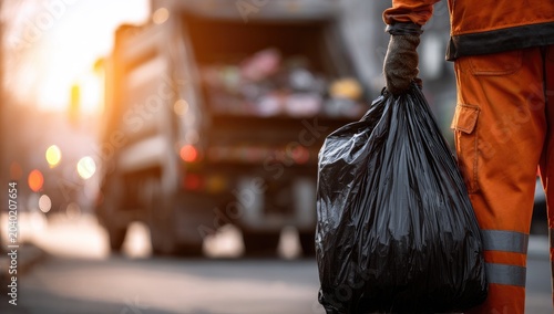 Sanitation worker in orange uniform holding large trash bag near vehicle