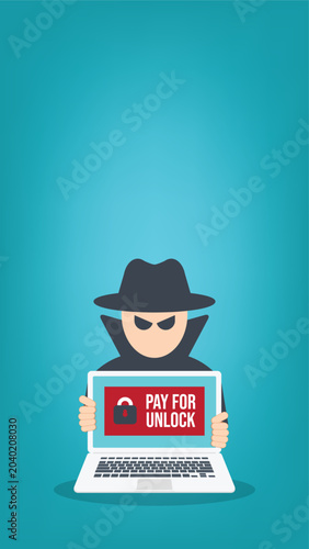 Ransomware Cyber Attack Concept – Hacker Demanding Payment to Unlock Laptop, Malware Cybercrime, Data Encryption Extortion, Cybersecurity Threat