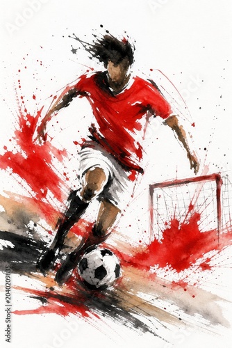 Egypt national football team wallpaper, banner, poster, background. Egypt national team colors on dynamic soccer player kicking a ball with watercolor paint splatters
