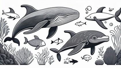 black line drawings of various ocean creatures including fish dolphins whales and sea turtles on white background for aquatic designs