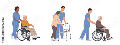 Diverse caregivers assist elderly individuals with wheelchairs and walkers nurse senior