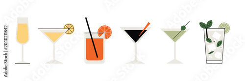 Tableau sur toile Six stylized alcoholic drinks in glasses with garnishes and straws cocktail beve