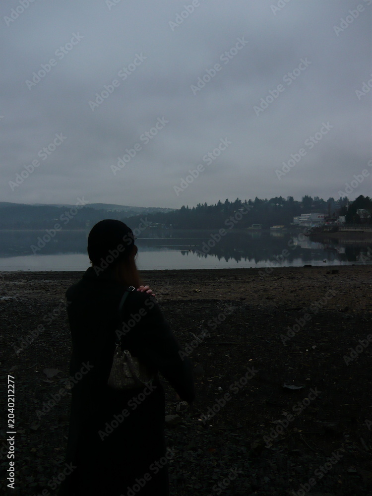 Fototapeta premium Back view close-up silhouette of a person looking at the foggy lake water late in the evening. Indie movie atmosphere, mystery, wilderness travel.