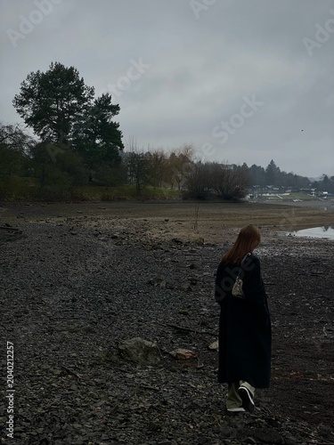 Εκτύπωση καμβά Silhouette of a person walking on a wild lakeshore past spreading trees on a moody autumn day