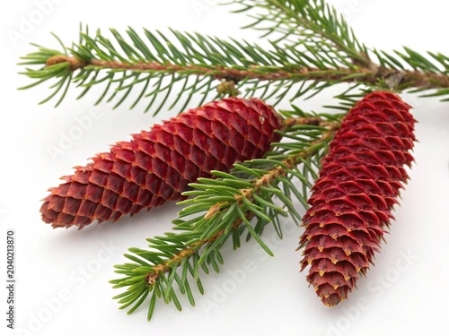 Picea – Red picea spruce reproductive cones with evergreen needle accents, isolated on white background