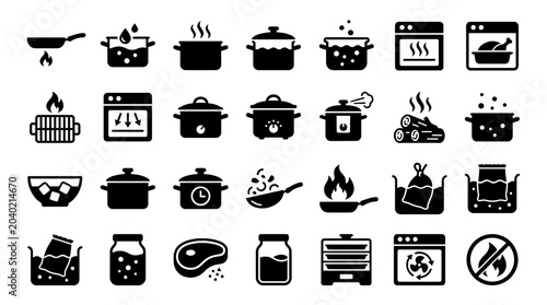 Modern vector collection of Minimalist Glyph Icons for Food and Culinary concepts, depicting cooking methods, kitchen appliances, and meal preparation processes