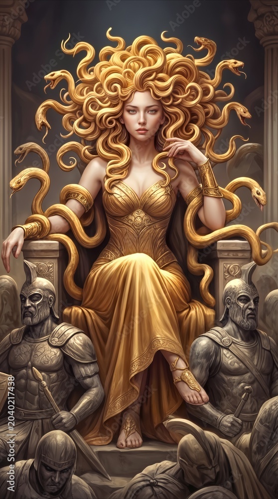Fototapeta premium Medusa sitting on throne surrounded by stone statues of warriors. Mythological queen with golden snakes for hair in ancient temple setting.