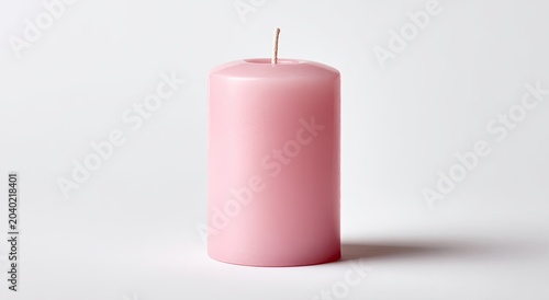 A Single Pink Pillar Candle Standing Upright on a White Background.