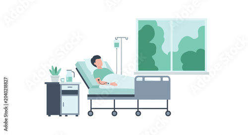 Photos Patient in Hospital Bed Receiving IV Drip, Looking Out Window at Green Trees