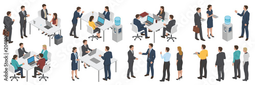Isometric business people in office settings and casual interactions business meeting teamwork collaboration