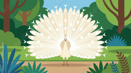 Fotografie Albino White Peacock Displaying Feathers in Garden