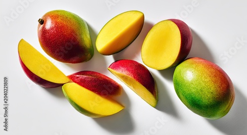 Vibrant Ripe Mangoes Sliced and Whole on White Background.