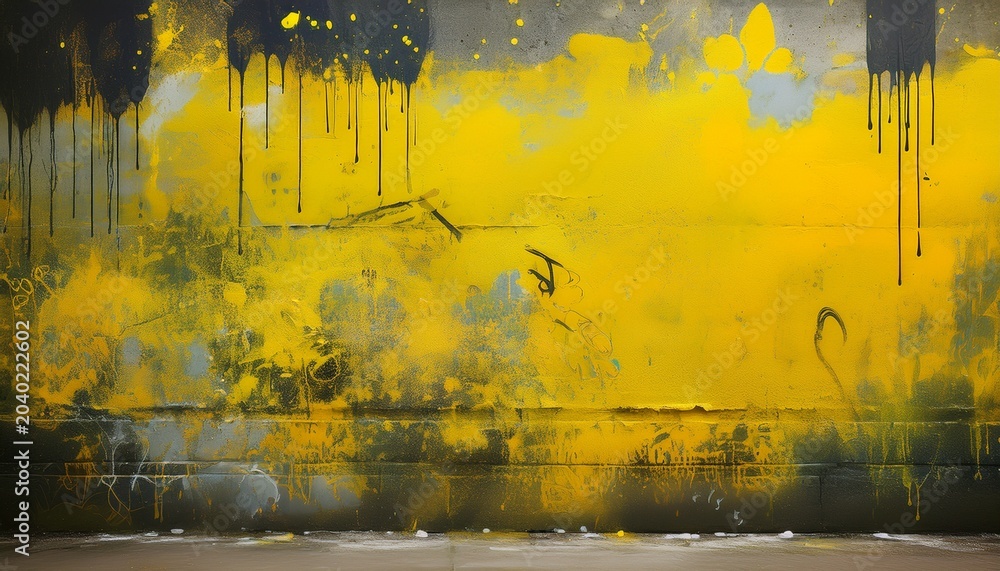 Obraz premium weathered concrete wall with bright yellow graffiti paint and spray drips grungy substrate with overlapping street art layers and urban decay for edgy background designs