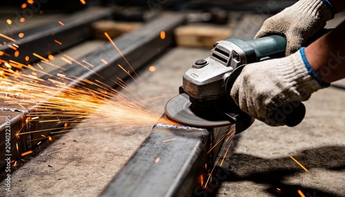 A close-up view of a metal worker using a handheld power grinder to smooth a steel frame piece.