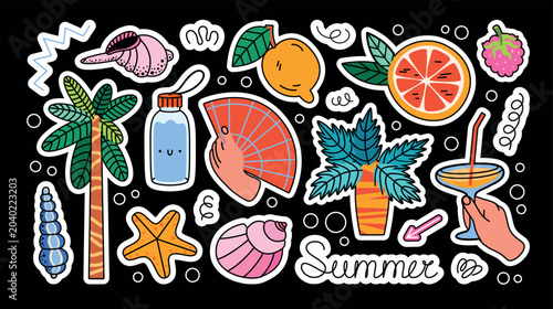 Cartoon summer stickers and labels. Printable set of vector designs. Vacation, summer season, tropics, palm trees, shells, human hands holding a glass with a cocktail and a fan, lemon, grapefruit, ect