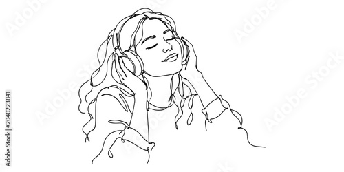 Happy one line illustration of a woman listening to music with headphones, expressing enjoyment, relaxation, and entertainment.