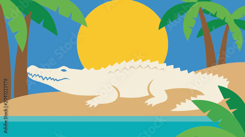 Fotografie Albino Crocodile Basking in Tropical Riverbank Sunlight