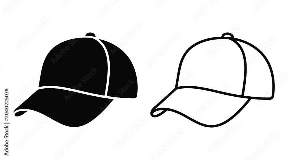 Fototapeta premium Baseball Cap Silhouette And Outline Black And White Vector Graphic