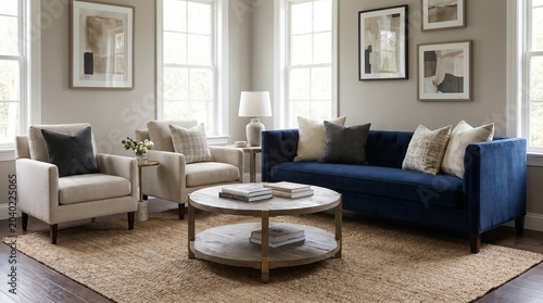 A stylish living room with a navy blue velvet sofa, beige armchairs, a round wooden coffee table, and a large jute rug under bright natural light.