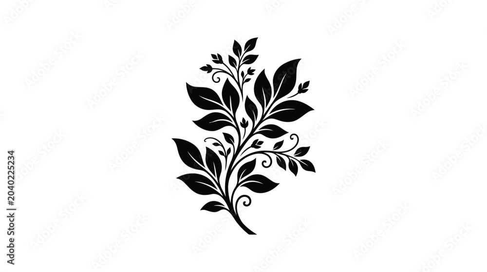 Fototapeta premium Black Silhouette Of Floral Ornament With Curvilinear Leaves And Vines