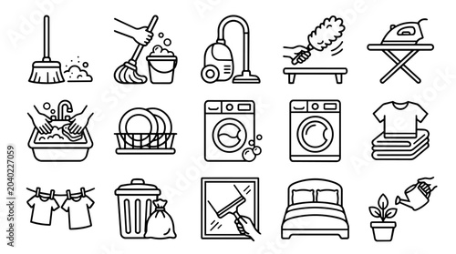 Household cleaning and daily chores symbol set