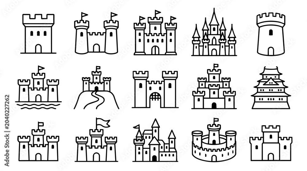 Naklejka premium Set of various castle and tower outline icons