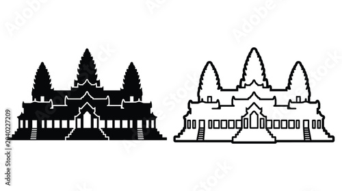 Schilderij op canvas Angkor Wat Temple Silhouette Black And White Line Art Illustration