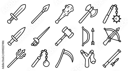 Outline medieval fantasy weapons and tools collection