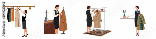 Tableau sur toile Illustrations of a professional female cloakroom attendant organizing coats on racks and handling tickets in a hospitality setting