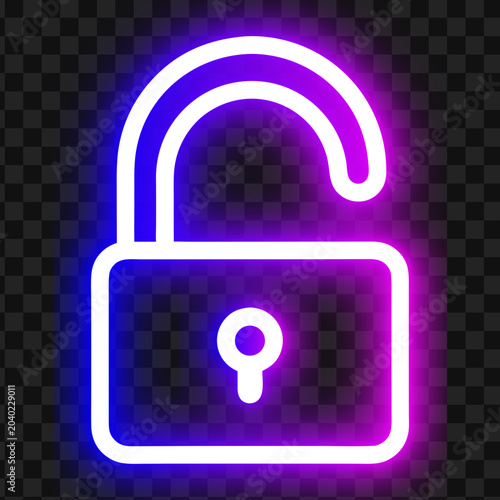 Glowing neon unlocked padlock vector icon on transparent background