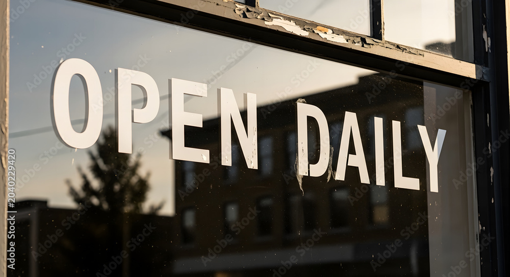 Obraz premium Open daily text sign on a glass window pane of a city shop