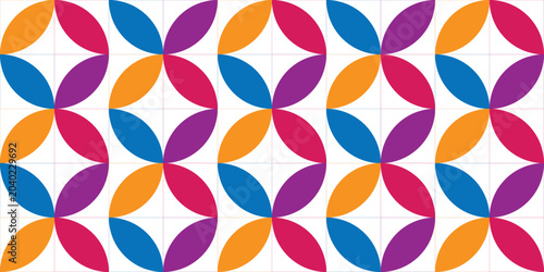 Obraz na płótnie Abstract seamless pattern with colorful overlapping circles and geometric shapes on white background