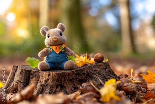 Adorable Small Plush Toy Squirrel Sitting on Tree Stump Surrounded by Autumn Leaves
