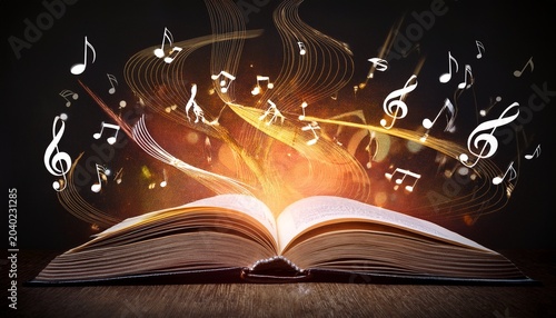 an open book with musical notes swirling out of it symbolizing the power of music and literature