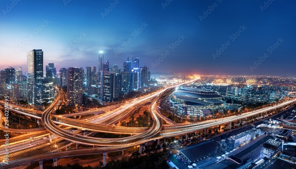 Fototapeta premium magnificent illuminated panorama of cityscape and transport infrastructure