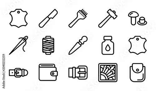 Quadro su tela Leather Crafting Tools & Supplies Icons Set, Artisan Leatherwork Equipment Vecto