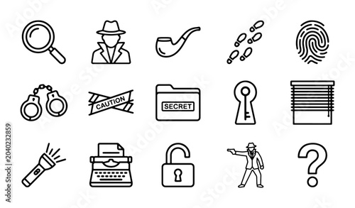 Cuadro en lienzo Detective Icons Set, Mystery Clues Vector Graphics, Investigation Symbols Collec