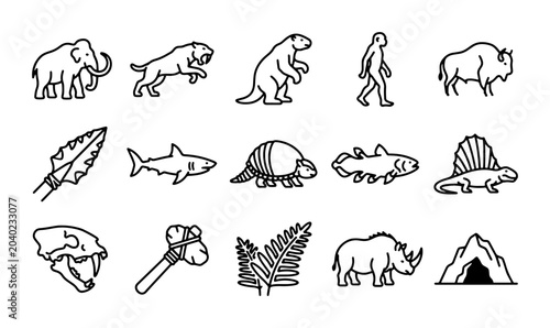 Bild auf Leinwand Prehistoric Life Icons Set, Ancient Animals and Tools Collection, Primitive Huma