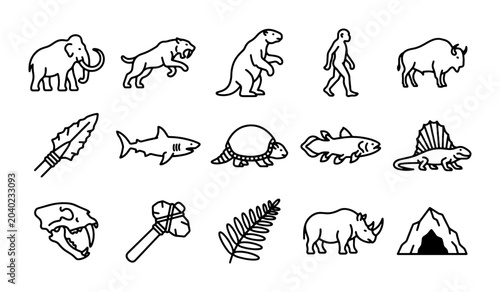 Foto Prehistoric Icons Collection: Mammoths, Dinosaurs, Cavemen, and Ancient Tools Ve