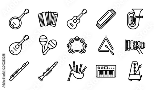 Tableau sur toile Musical Instrument Icons: Vector Set of 15 Outline Graphics for Music and Sound