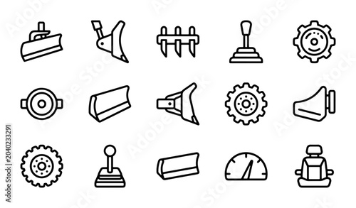 Canvastavla Agricultural and Automotive Icons Set: Tractor Parts, Plows, Gears, Shifters, Se