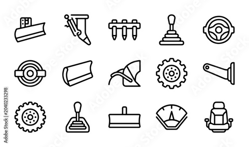 Bild auf Leinwand Agricultural Machinery Icons Set, Tractor Parts Vector Graphics, Farming Equipme