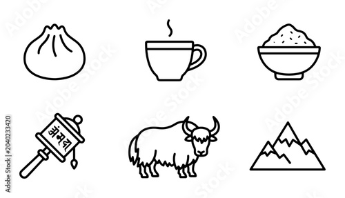 Tableau sur toile Nepal Icons Set: Dumpling, Hot Drink, Rice Bowl, Prayer Wheel, Yak, Mountain Lan